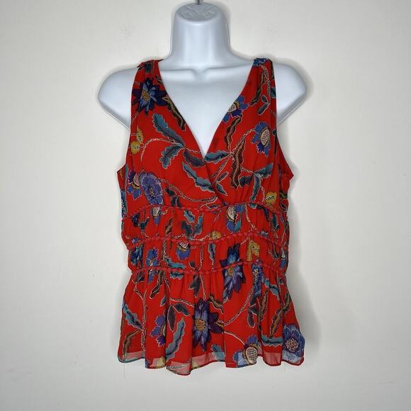 Rebecca Minkoff Top Womens Medium Red Floral Lucy Sleeveless Ruffle Tier Chiffon - Picture 15 of 16